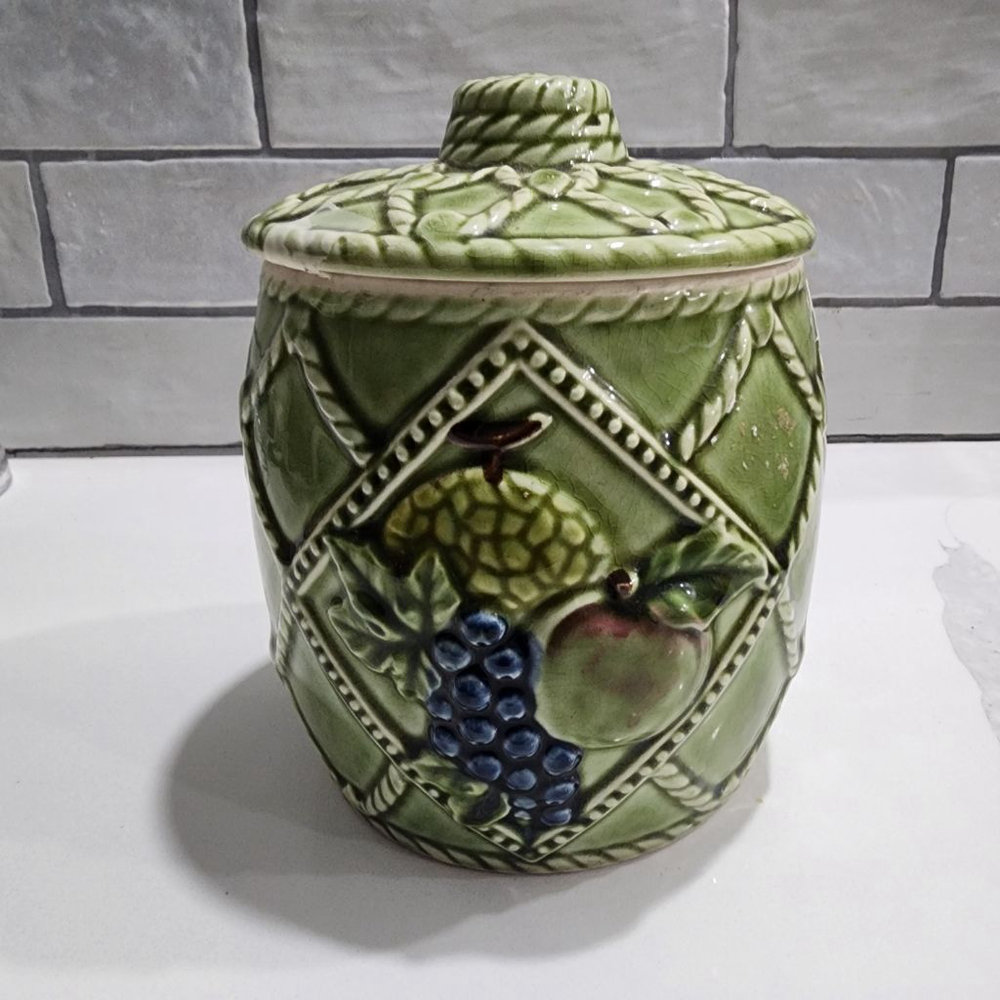 Japan Green Ceramic Fruit Embossed Biscuit Jar. Vintage